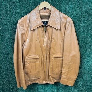 VTG Sears The Leather Shop Genuine Jacket Men 40 Tall Medium Tan Brown Disco 60s